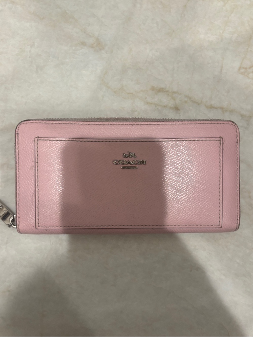 Coach Light Pink Zip-Around Leather Wallet with Silver Tone Hardware